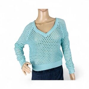 Buffalo David Bitton Women's Sz M Turquoise Cropped Knit Sweater Cutout Back‎